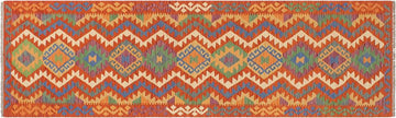 Flat Weave Kilim, Antique, Navaho, Vintage, Handmade, Geometric Kilim Rust Blue Hand-Woven Runner 100% Wool Area Rug 3 x 10